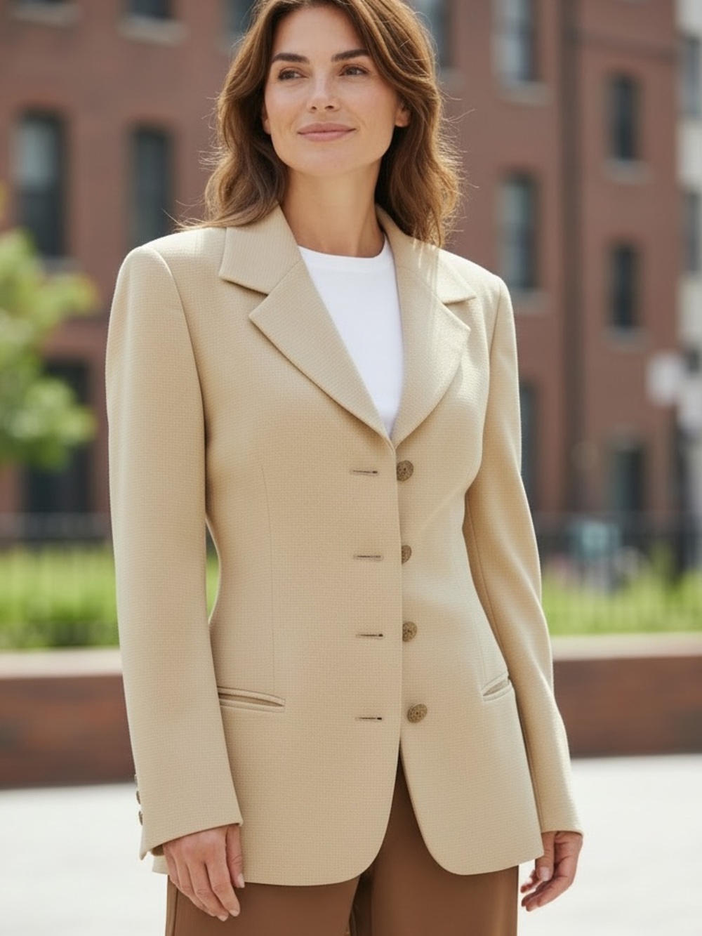 VTG ESCADA MARGARETHA LEY IVORY WOOL FITTED LONG BLAZER BRASS BUTTONS EU 38 US 8